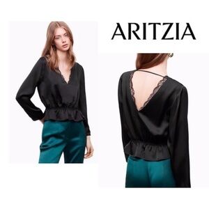 Aritzia Little Moon Black Silk Lace Trim Blouse in black